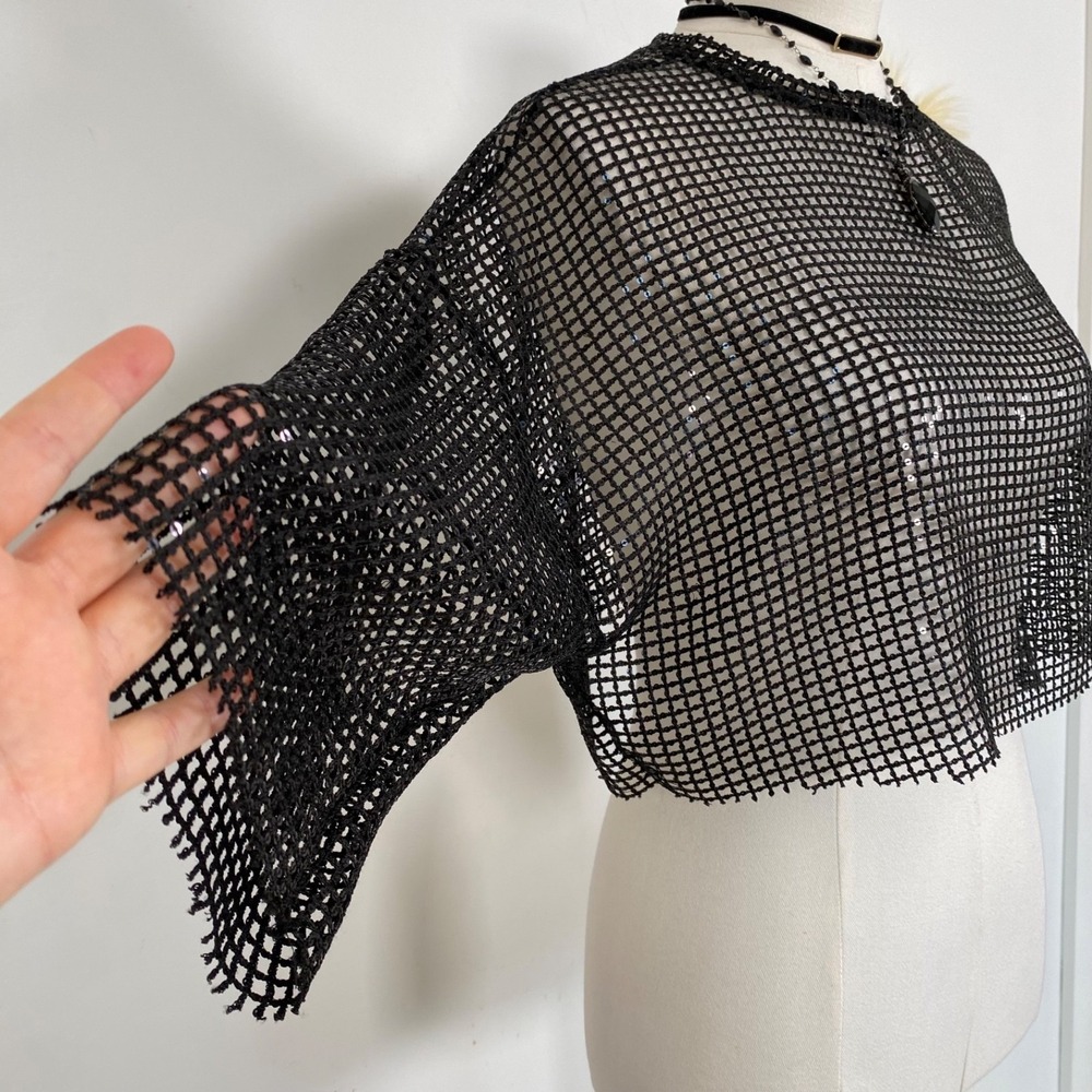 Womens Sequin Mesh Open Knit Cropped Top Size M/L Rave Whimsigoth Grunge Black - Picture 2 of 7